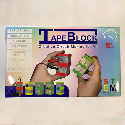 A colorful box with the words TapeBlock Creative Circuit Making for All. There is a set of hands holding a power and Light TapeBlock. In the bottom left are five different TapeBlocks including Red Power, Yellow Button, Green Light, Greeen vibration and Green fan.