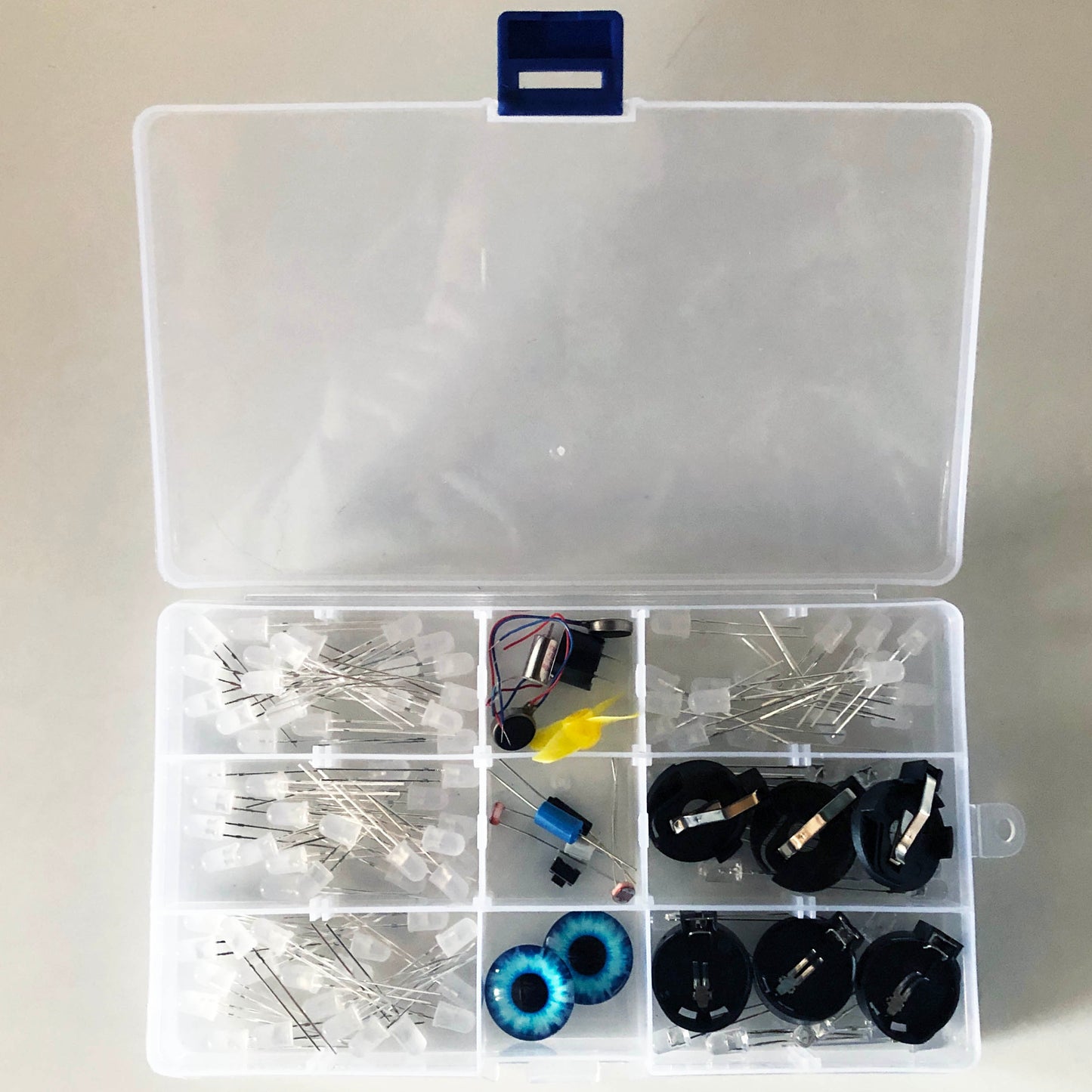 Contents of the TapeBlock making components in a plastic box. Including LEDs, switches, motors, eyes (blue glass) and battery holders all in separate sections.